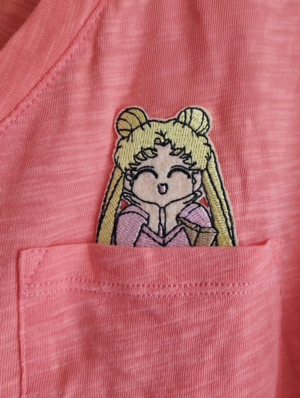 Cute Coral Classic Fit Pocket Tee with Sailor Moon Patch